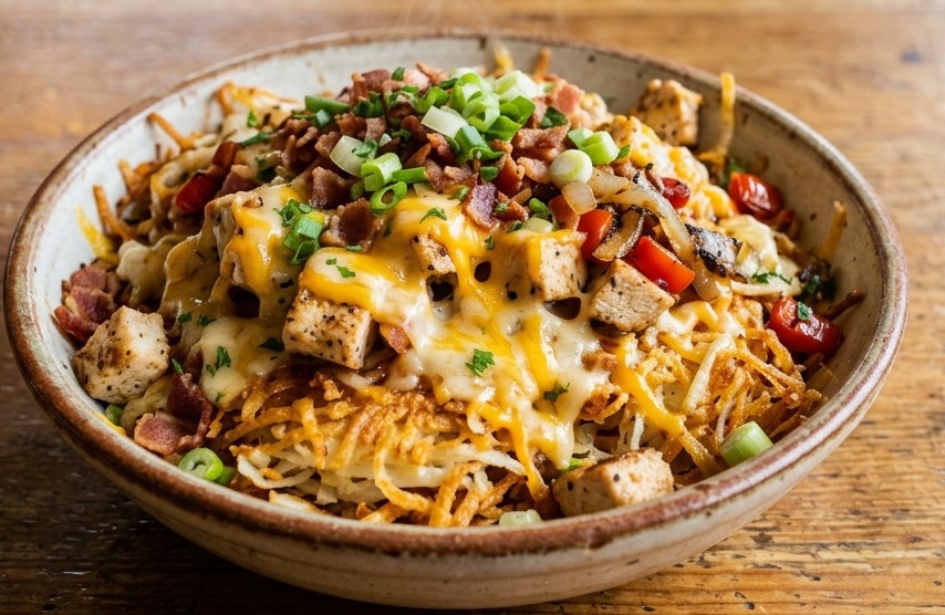 Waffle House Hashbrown Bowl Full Of Hashbrown, Chicken, Tomatoes, Onion Cheese