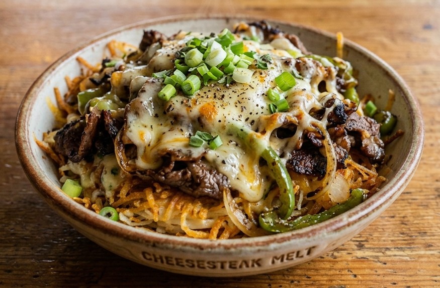 % (title)% A close-up shot of a hearty breakfast bowl layered with crispy griddled hashbrowns, tender chopped cheesesteak, grilled onions, and a thick blanket of bubbling melted American cheese.