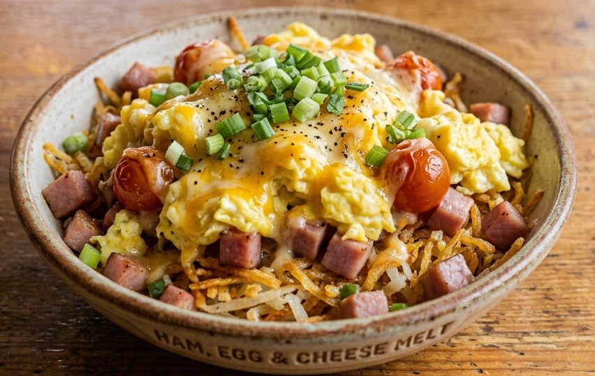 Waffle House Ham, Egg and Cheese Hashbrown Bowl with diced ham, eggs and melted cheese