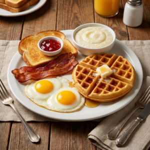 % (title)% waffle house all star special breakfast plate with waffles, eggs, waffle, butter