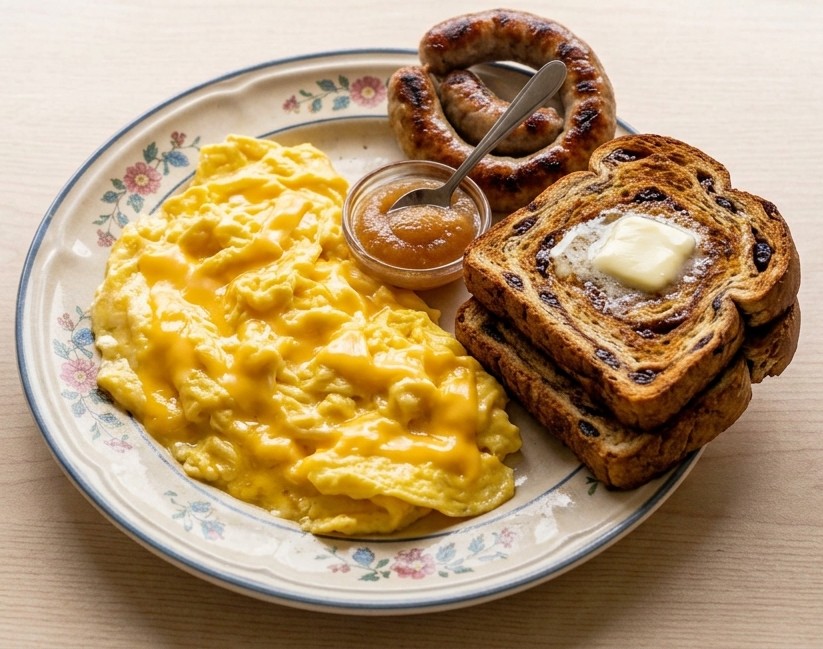% (title)% waffle house cheese and eggs raisin toast breakfast plate with scrambled eggs, American cheese, slightly sweet raisin toast