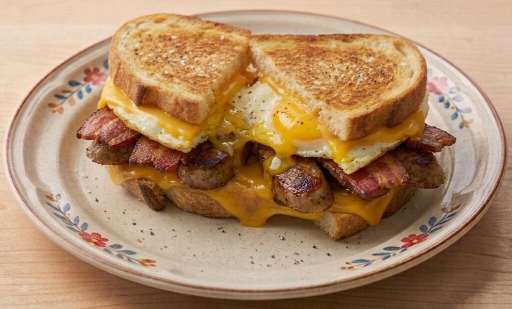 % (title)% Waffle House Texas Sausage Melt on thick toast with savory sausage slices and melted cheese