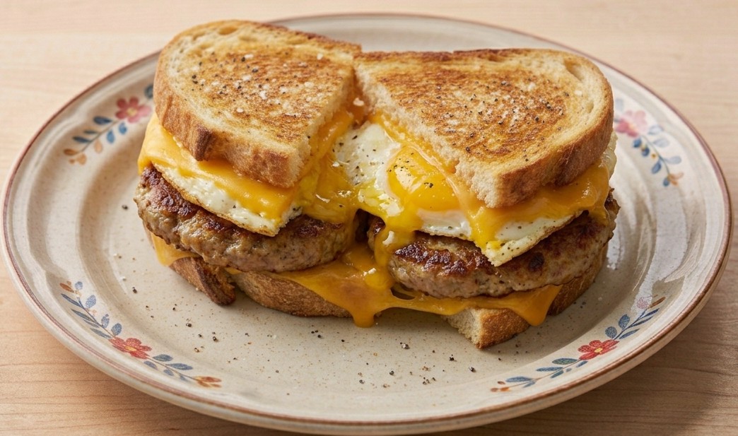 % (title)% Waffle House Sandwich with sausage, egg, cheese