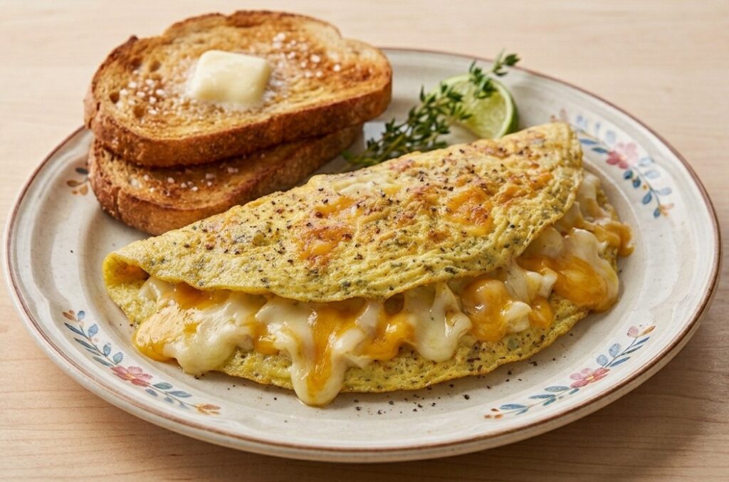 % (title)% Waffle House Breakfast Menu Cheese Omelet plate with eggs, melted cheese