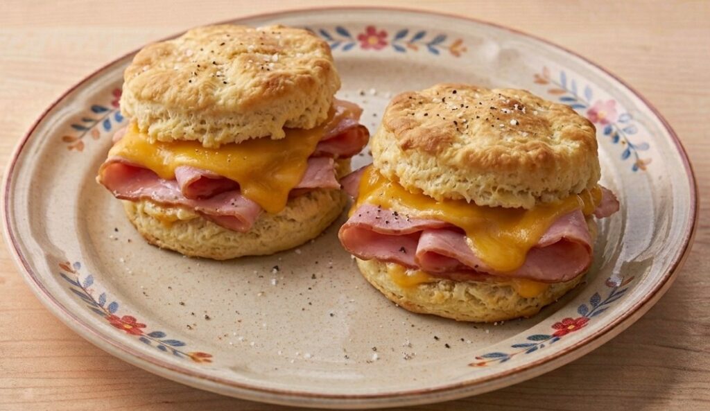 % (title)% Waffle House City Ham Biscuits featuring two warm, fluffy biscuits filled with savory sliced ham