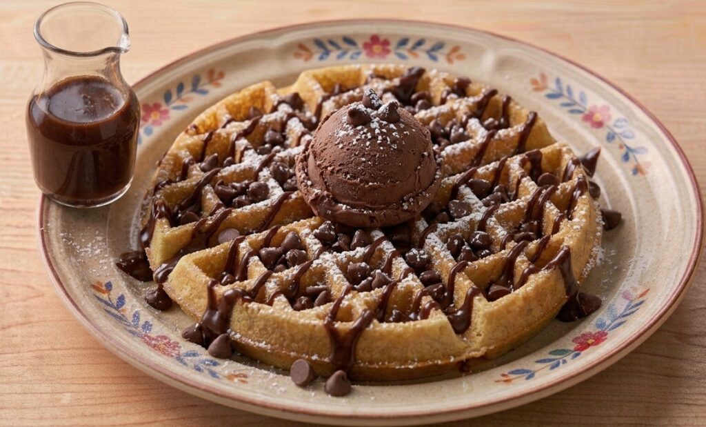 % (title)% Waffle House Freshly Baked Chocolate Chip Waffle Dusted With Powdered Sugar, Chocolate Chips, Rich Chocolate Morsels
