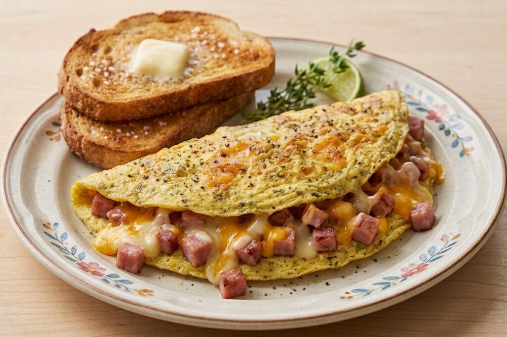 % (title)% Waffle House Ham and Cheese omelet plate with eggs, savory grilled ham, cheese.
