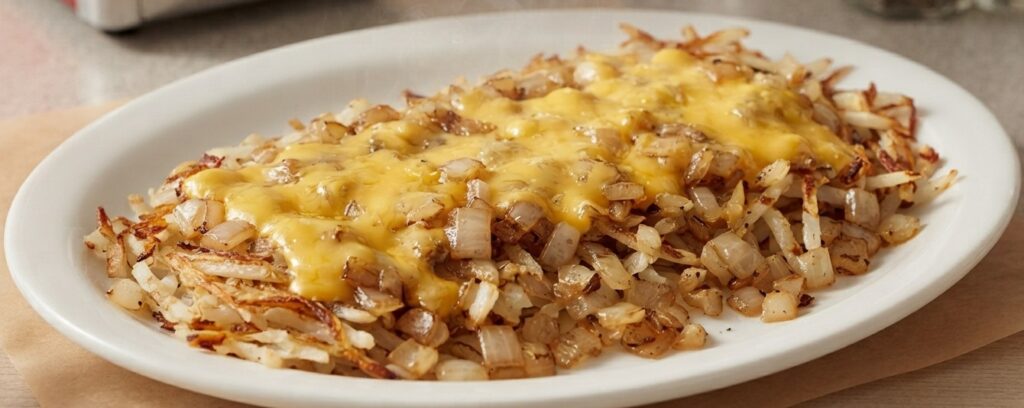 % (title)% Waffle House Scattered, Smothered and Covered Hashbrowns with onions and melted cheese