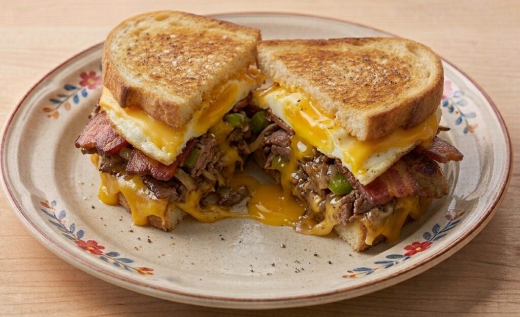 % (title)% Waffle House Texas Bacon, Egg & Cheese Melt on thick toast with crispy bacon and melted cheese