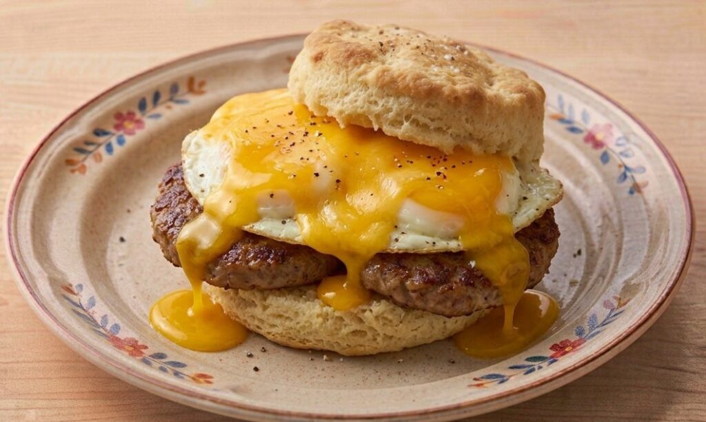 % (title)% Waffle House Bacon, Egg & Cheese Biscuit with crispy bacon, fluffy egg, and melted cheese
