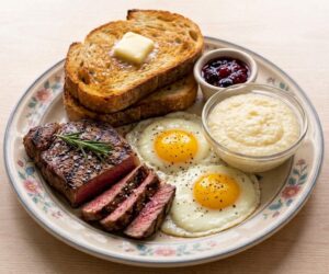 % (title)% Waffle House Typical Sirloin Steak & Eggs Breakfast Includes Sirloin Steak, Eggs, Toast, Choice Of Side
