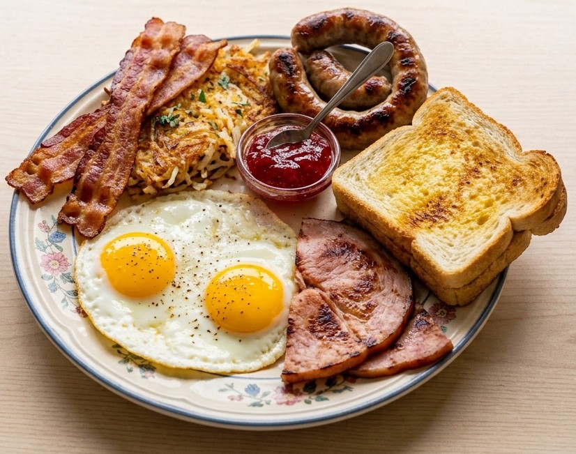 % (title)% waffle house two egg breakfast with side meat plate with eggs, bacon, sausage, ham